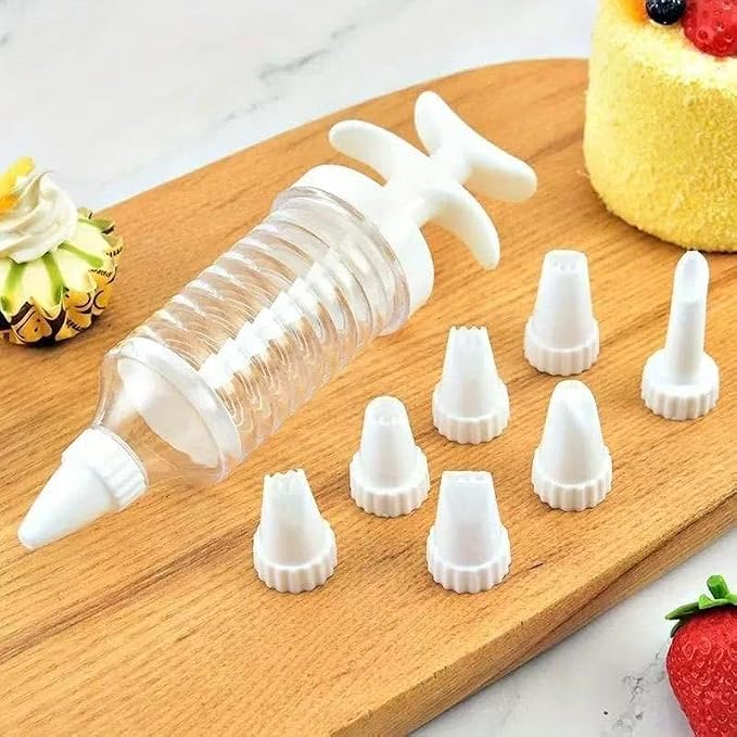 Professional Cake Decorating Kit, Piping Nozzle with Syringe, 8 Plastic Pastry Tips, Icing Tube for Cupcakes