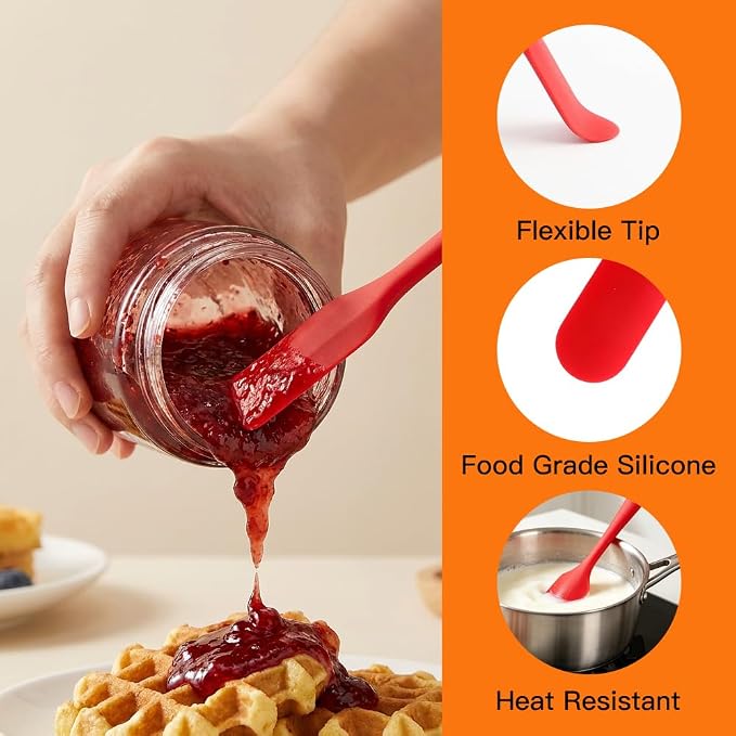 4 Pcs Silicone Jar Spatula, Long Handle Skinny Spatula Scraper for Jars & Bottles, Heat Resistant Small Spatulas Set for Kitchen Baking Sourdough Cake Makeup Essentials, Red+Black+Orange+Blue