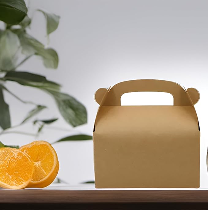 24-Pack Brown Party Favor Treat Boxes, Goodie Gable Paper Gift Boxes with Handles. Perfect for Birthday, Babyshower, and Any Fun Party