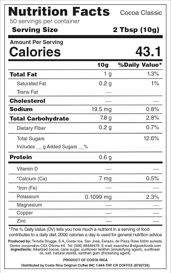 Gourmet Cocoa Powder - Rich Chocolate Flavor & High Flavanol Cacao - Ideal for Baking, Cold or Hot Chocolate Drinks - Natural, Vegan, Non-GMO, Costa Rica Origin, 1lb (30% Cocoa with Cane Sugar)