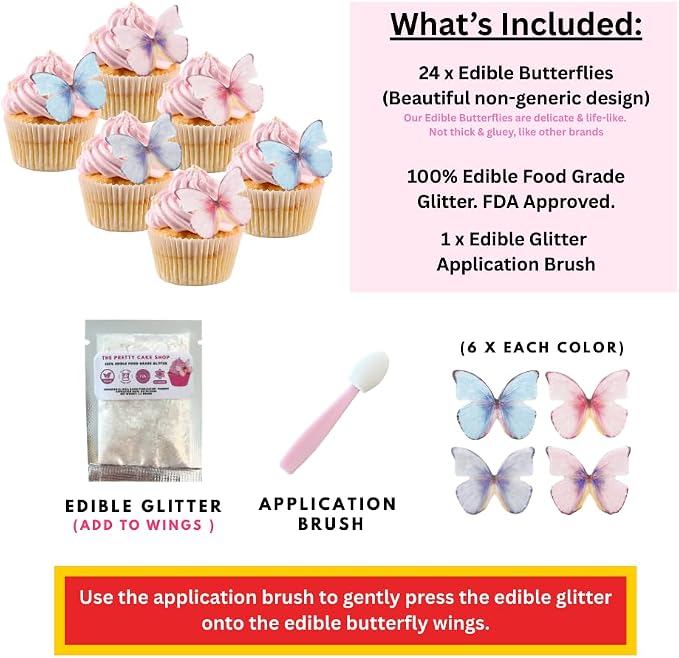 Edible Butterflies with Edible Glitter Kit - Wafer Paper Butterflies for Cakes - Cake Decorations - Cupcake Decorations - Cake Toppers (Soft Pastels)