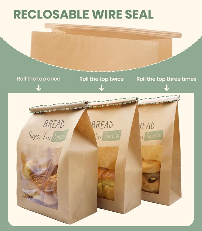 50PCS 2X Thicker Brown Paper Bread Bags with Tabs | Kraft Homemade Sourdough Round Loaf Storage for Gifting Packaging | Large Bakery Sour Dough Gift Bag with Window | 13.6x8.3x4.1in
