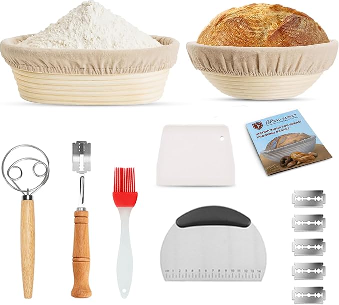 Sourdough Starter Kit of 9-Inch Round and 10-Inch Oval Banetton Proofing Baskets Complete Sourdough Bread Baking Supplies, Bread Lame + Dough Wisk + Stainless Steel Dough Scrapers + Cleaning Brush