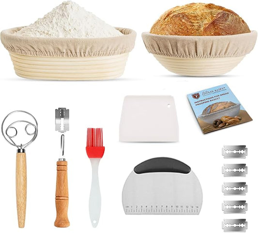 Sourdough Starter Kit of 9-Inch Round and 10-Inch Oval Banetton Proofing Baskets Complete Sourdough Bread Baking Supplies, Bread Lame + Dough Wisk + Stainless Steel Dough Scrapers + Cleaning Brush