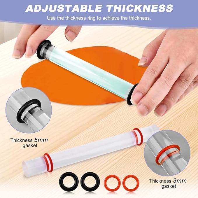 Polymer Clay Tools, 2Pcs Acrylic Rolling Pin with Thickness Rings Kit, Air Dry Clay Tools Clear Slab Roller Supplies Art Craft DIY Tool