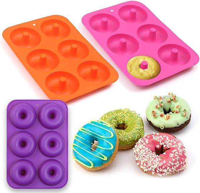 6-Cavity Silicone Donut Mold, Silicone Bagel Mold, Non-Stick Donut Mold, Food Grade Silicone, BPA Free, 3 Pcs