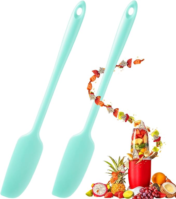 Patelai 2 Pieces Silicone Jar Spatula Long Handle Non-stick Rubber Scraper Heat Resistant Spatula Silicone Scraper for Jars, Smoothies, Blenders Cooking Baking Stirring Mixing Tools (Mint)