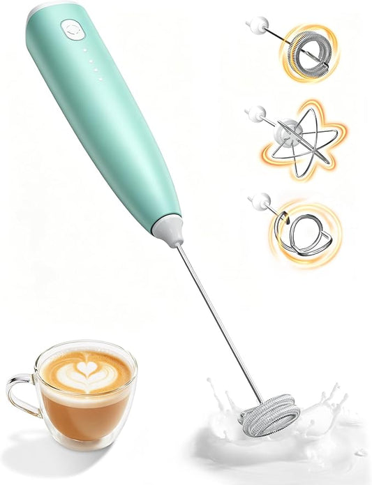 Milk Frother Handheld,Portable Electric Drink Mixer/Wand,Egg Whisk-Green | USB C Rechargeable | 3 Adjustable Speeds | 3 Detachable Whisks | Quiet Operation | For Coffee, Latte, Matcha,protein powder