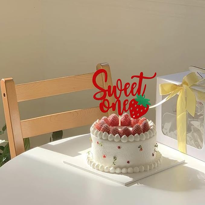 1 PCS Strawberry 1st Birthday Cake Topper Glitter Sweet One First Birthday Strawberry Cake Pick Decoration for Sweet Fruit Theme Baby Shower Kids Birthday Party Supplies Red