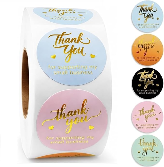 800 Thank You for Supporting My Small Business Stickers – 1.5" Round Labels (5 Designs, Multicolor) for Small Business, Packaging, and Bakery – Self-Adhesive Waterproof Thank You Sticker Roll