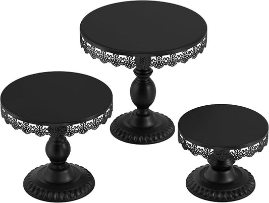 3 PCS Black Cake Stands (8"&10"&12" Plate), Cupcake Stand with a lace Hollow Border Metal Cake Stand Set for Birthday Party, Wedding, Anniversary, Baby Shower