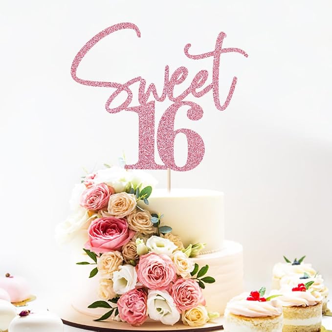 Pink Glitter Sweet 16 Cake Toppers | Happy Sweet Sixteen Birthday Party Cake Decor for Cheers to 16 Years Anniversary Party Decorations Supplies