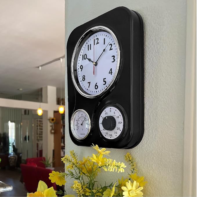 Lily's Home - 9 Inch x 12.5 Inch - Retro Kitchen Wall Clock, Vintage Wall Clock with a Thermometer and 60-Minute Timer, Ideal for Any Kitchen, Office, or Diner (Black)