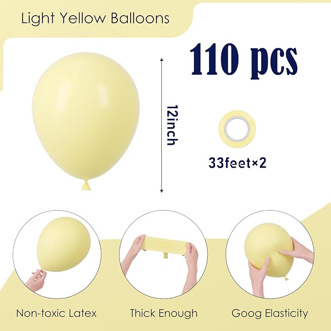 Voircoloria 110pcs Pastel Yellow Balloons 12inch Light Yellow Latex Party Balloons for Graduation, Easter, Wedding, Birthday, Bridal Shower, Sunflower Party, Baby Shower, Anniversary Party Decorations