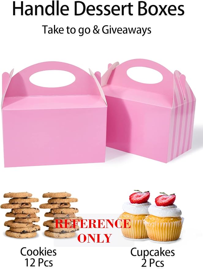 Happyhiram 50 Pcs Party Treat Boxes Pink for Girls, 6 In Candy Boxes Party Favor with Handle Paper Cookie Gift Bags Gable Boxes Snack Goodie Bags for Kids Unicorn Peppa Pig Barbie Theme Birthday
