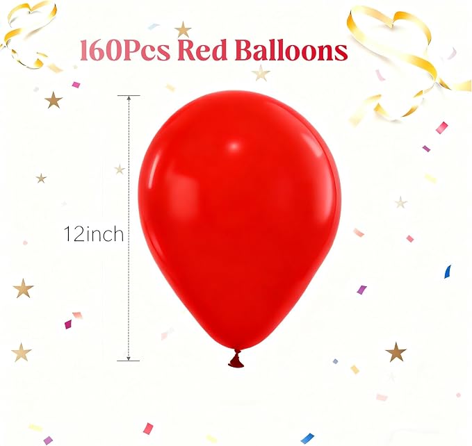 160Pcs Red Balloons 12 Inch Bulk Latex Balloon for Baby Shower Birthday Wedding Party Decorations
