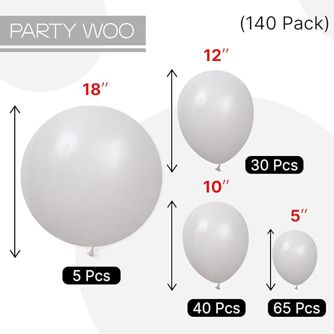 PartyWoo Grey Balloons 140pcs Different Sizes Pack of 18 12 10 5 Inch Light Pastel Pale Gray Latex Balloon Arch Kit Garland for Baby Shower Graduation Wedding Birthday Party Decorations Gray-Y76