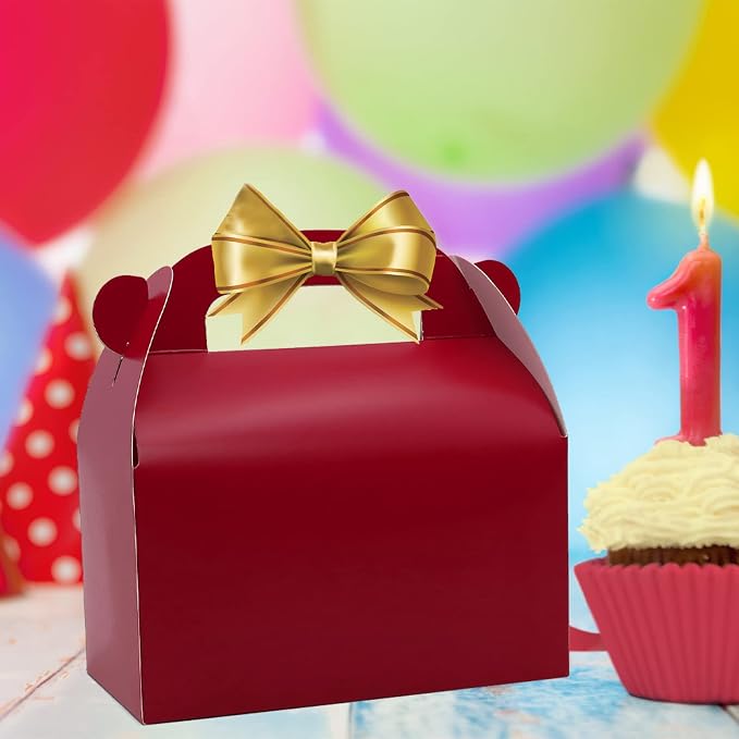 30Pcs Dark Red Party Favor Gift Boxes Gable Paper Treat Box | Goodie Candy Box Perfect for Birthday Babyshower or Any Fun Red Theme Party