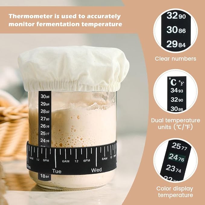 9pcs Sourdough Starter Kit,3 Bread Fermentation Cover 3 Thermometer 3 Feeding Date Band,Sourdough Starter Jars Cloth Covers,Breathable Reusable Sourdough Bread Proofing Cover