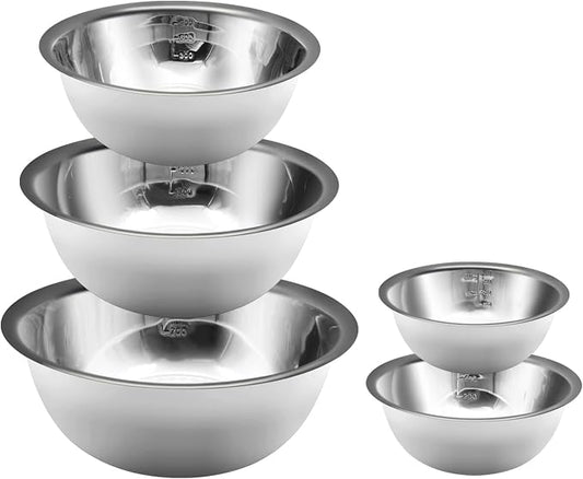Mixing Bowls Set, Stainless Steel Mixing Bowl Set of 5, Space-Saving Nesting Metal Mixing Bowls for Home Kitchen, RV Kitchen, Baking, Prep, Cooking, Serving, Marinating