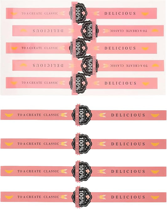 100Pcs Bakery Sealing Stickers Self Adhesive Food Package Seal Labels Long Strip Decorative Tamper Evident Stickers for Cake Box Pastry Handmade Baking Supplies
