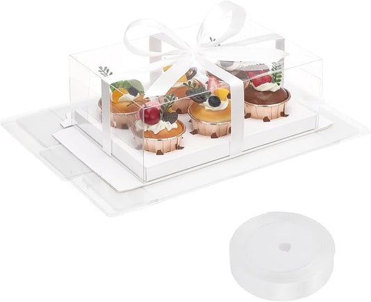 EUSOAR Clear Cupcake Boxes, 6 Pack White Muffins Gift Holder 6 Count with Gift Ribbon, Rectangle Bakery Mini Cake Containers Carrier Treat Dessert Cookies Pastry Decor for Wedding Party Favor