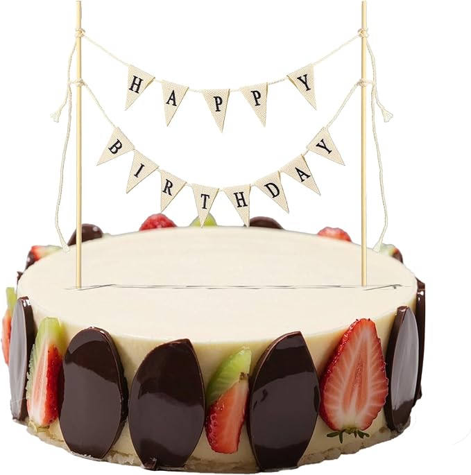 Ivory Happy Birthday Cake Banner Topper - Handmade Pennant Flags Garland with Natural Wood Pole, Party Decor for Cakes Decorations Supplies