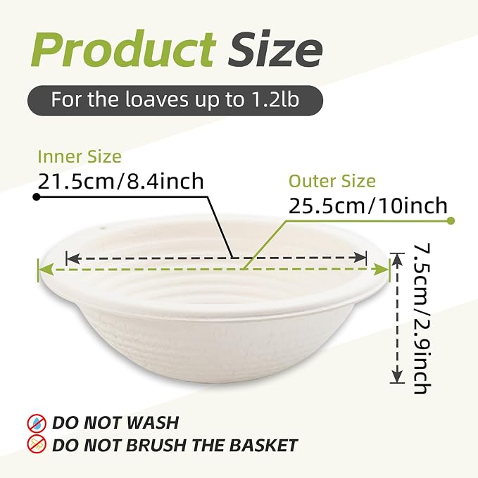 2 x 10inch Pulp Round Sourdough Banneton Bread Proofing Basket Baking Supply with Linen Liners for Professional and Homemade Artisan Bread