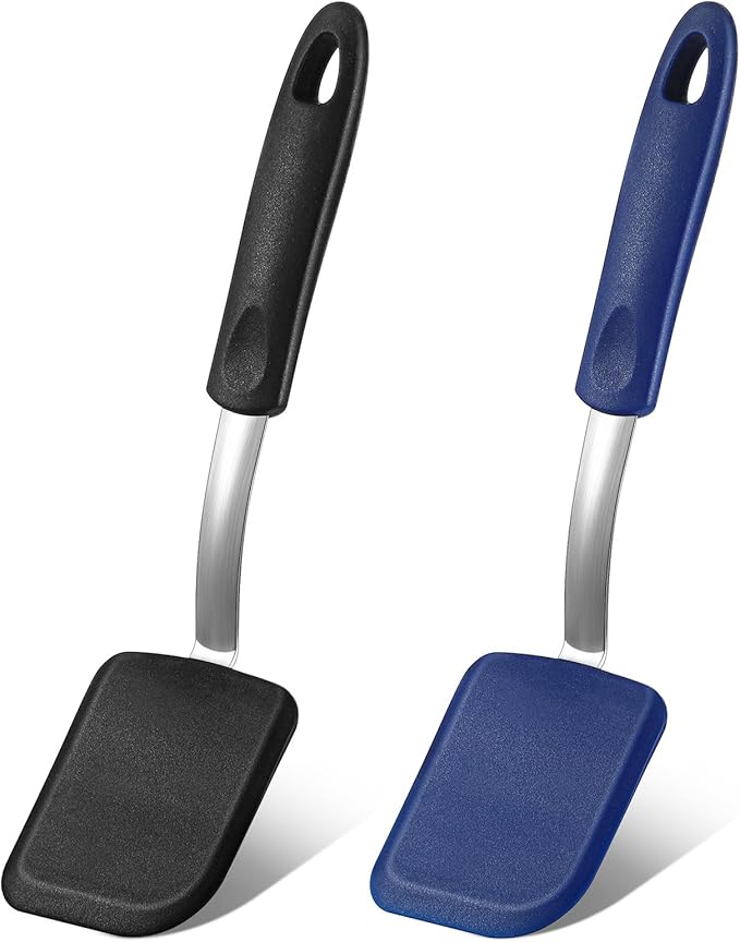 Silicone Cookie Spatula Turner 2 Pack Mini Brownie Spatula Flexible Kitchen Small Silicone Turner for Nonstick Cookware Heat Resistant No Scratch Flipper for Pancake(Solid Flat,Black,Blue)