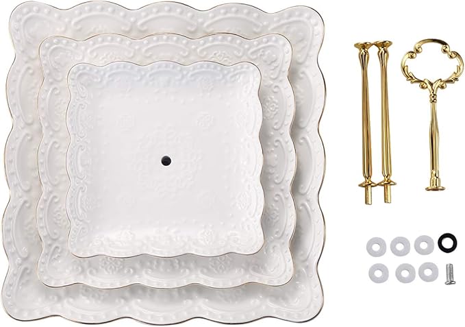 Sumerflos 3-Tier Square Porcelain Cake Stand, White Rimmed with Gold Embossed Cupcake Dessert Stand - Tiered Serving Tray for Tea Party and Show