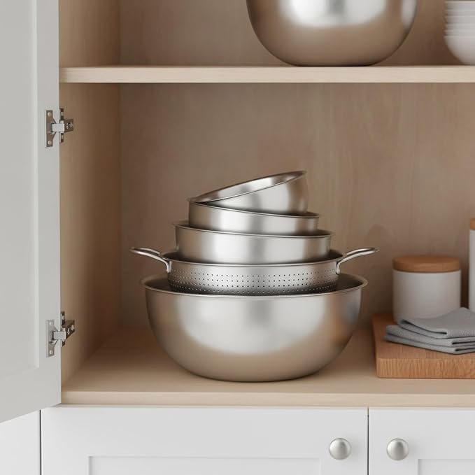 Stainless Steel Mixing Bowl Set with Nested Strainer, 2-in-1 Prep Basin for Washing, Draining, and Mixing