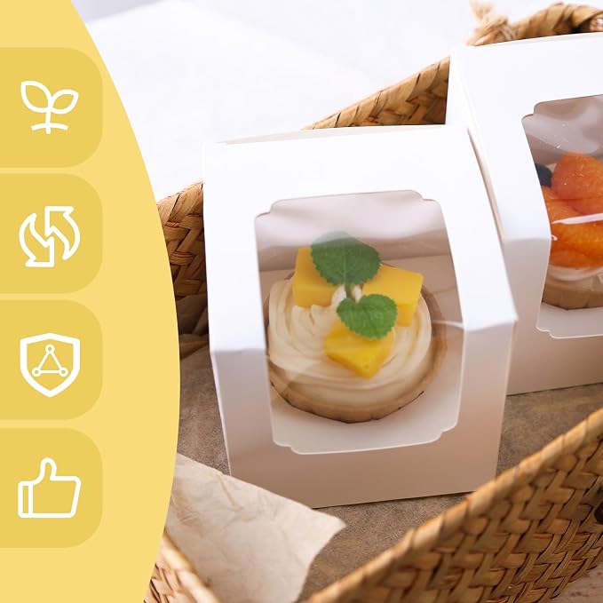 VGOODALL 20PCS White Cupcake Boxes, 3.5"x3.5"x3.5" Individual Cupcake Containers Pre-Assembled Containers with Window and Inserts for Wedding Baby Shower Birthday
