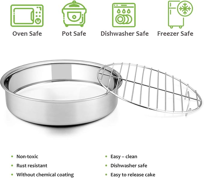 E-far 9½-inch Cake Pan with Rack Set, Stainless Steel Round Cake Pans and Baking Cooling Racks, Non Toxic & Healthy, Mirror Polished & Dishwasher Safe - 4 Pieces (2 Pans + 2 Racks)