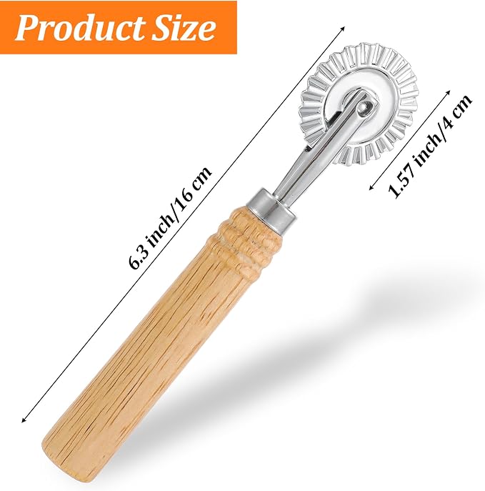Fluted Pastry Cutter, 6.3 Inch Stainless Steel Fluted Pastry Wheel with Ergonomic Oak Wooden Handle for Ravioli, Pasta, Dumpling, Noodles, Kitchen 360 Degree Effortless Food Cutting