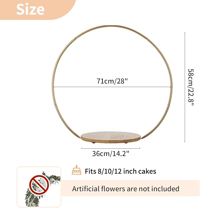 NUPTIO Wedding Cake Stand Pedestal: 14.2 Inch Cupcake Display Wooden Floral Arch Stands with Gold Metal Hoop Table Centerpieces Decoration for Birthday Tea Party Banquet Christmas Anniversary