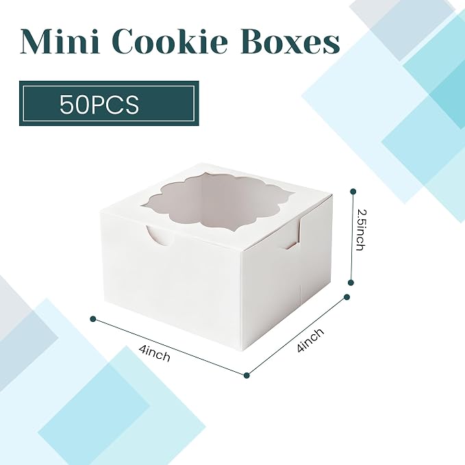 NPLUX 50pcs Cookie Boxes with Window Bakery Boxes Small Treat Boxes Small Cake boxes Mini Pie Boxes Pastry Boxes Candy Sweets Boxes 4x4x2.5in, Graduation Gifts Party Favors(White)