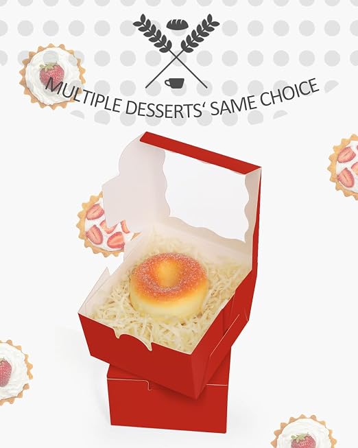 qiqee Red Bakery Boxes with Window 55pcs 4x4x2.5 Mini Cookie Boxes Macaron Boxes Small Donut Pastry Boxes for Party