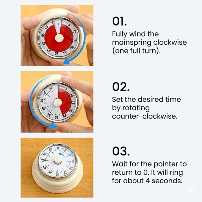 Magnetic Kitchen Timer with 4 Refrigerator Magnets Bundle, Stainless Steel Mechanical Wind Up 60-Minute Visual Countdown Alarm for Cooking, Baking, Study and Office (2.8 Inch)