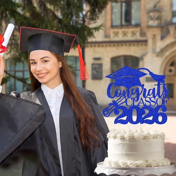 Congrats Class Of 2026 Cake Topper, Glitter Graduation Party Supplies - High School College Graduates -College Graduate Cake Topper Decorations Supplies(Congrats Class Of 2026 Dark blue)