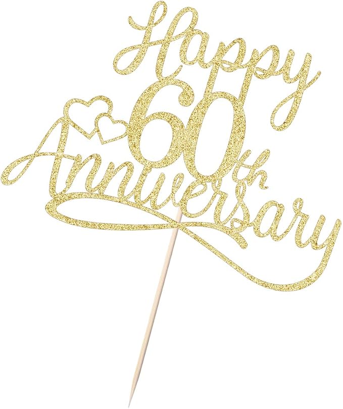 Sleyberoy Gold Glitter Happy 60th Anniversary Cake Toppers -Wedding Anniversary Party Decorations, 60th Wedding Anniversary, Company Anniversary Party, Birthday Party Decorations (60 Gold)