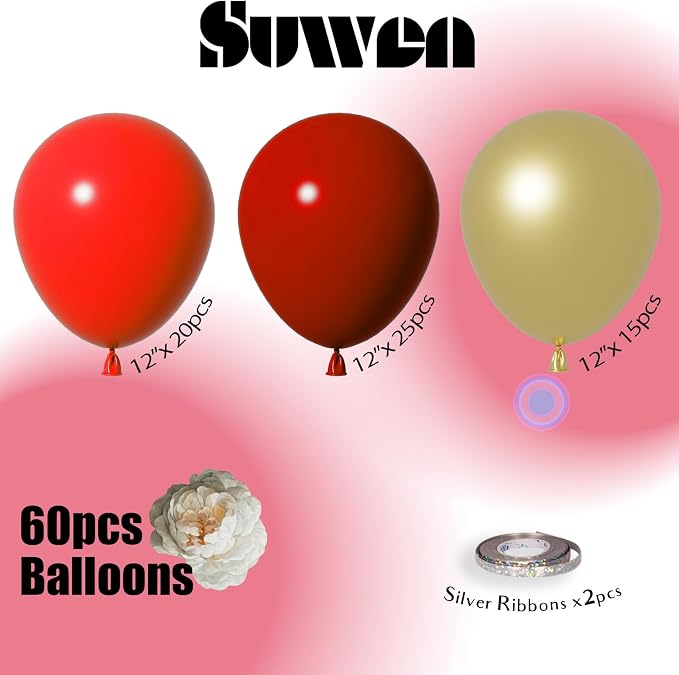 SUWEN Dark Red and Gold Balloons,60pcs 12 inch Red and Metallic Gold Balloons for Valentine's Day Wedding Birthday Engagements Anniversary Party Decorations