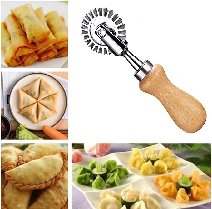 Ravioli Cutter Stamps with Roller Wheel Round Mold with Wooden Handle and Fluted Edge Pasta Press Pasta Cutter for Home and Kitchen Use- 1.3" Diameter