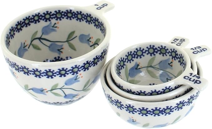 "Blue Rose Polish Pottery - Blue Tulip Measuring Cup Set - 1 Set - Ceramic Nesting Measuring Bowls for Baking, Cooking & Kitchen Prep"