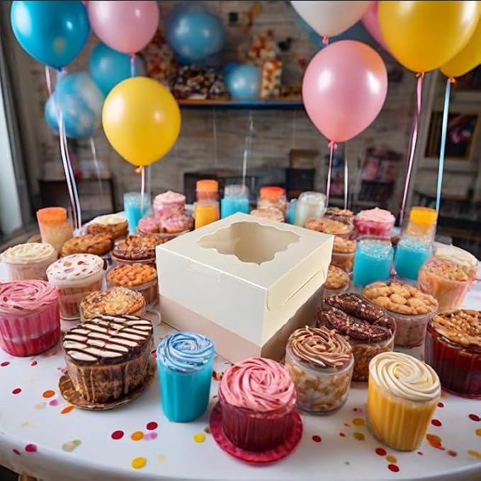 Generic 50Pcs (6x6x3 in) Mini Cake Boxes+3 stickers with Display Window for Gift Giving, Bakesale, Cupcakes, Dessert, Cookies, Pie, Macaroons, Donuts, Pastry, Kraft Paper Material… (50Pcs White)
