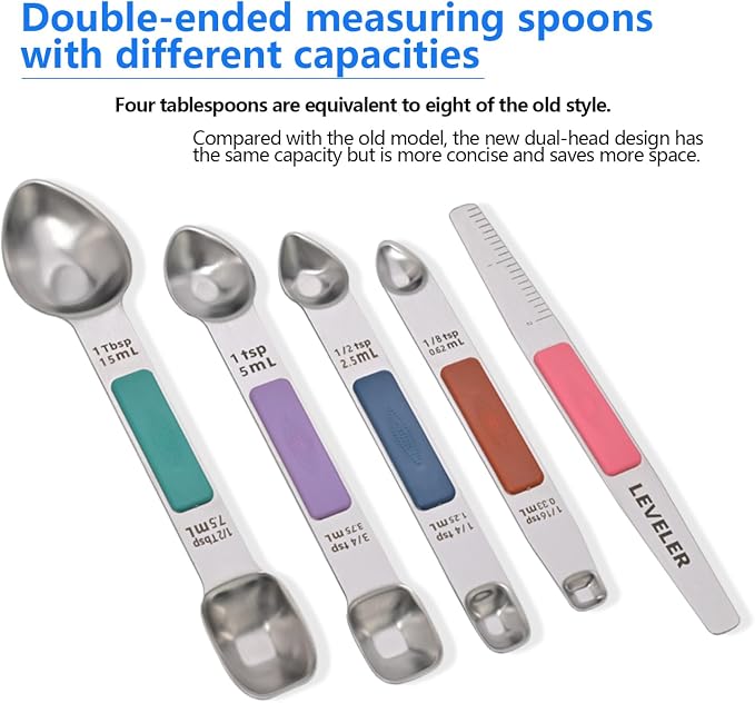 Stainless Steel Magnetic Measuring Spoons Set, Heavy Duty Metal Kitchen Gadgets for Baking & Cooking, Fits in Most Kitchen Spice Jars, Set of 4 with Leveler (Multicolor)