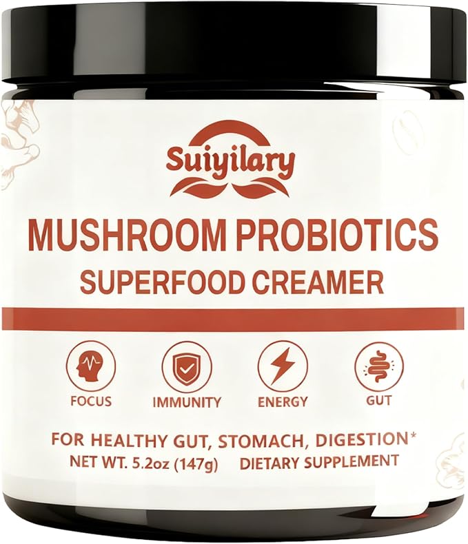 Suiyilary Mushroom Probiotic Coffee Creamer, 10 Mushrooms Creamer with Probiotics, Lion’s Mane, Cordyceps, Reishi, Turkey Tail, Shiitake for Gut, Digestion, Gluten Free 21 Serving