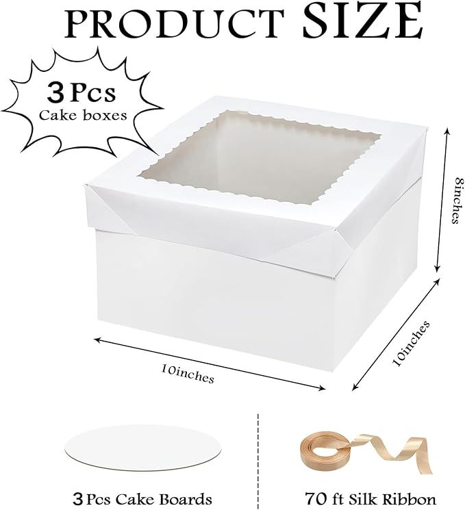 6PCS 10x10x8 Inches Cake Boxes with Boards—（3 Boxes with window & 3 Borads & 70ft Silk Ribbon） Large Square Baking Boxes