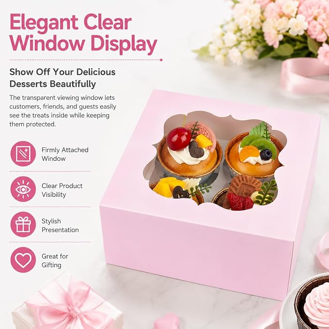 Cupcake Boxes with Window, 20 Pack 6.5x6.5x3 Inch Bakery Boxes for 4 Cupcakes, Muffins, Cookies & Pastries, Disposable Dessert Boxes with Insert Holder (Pink)