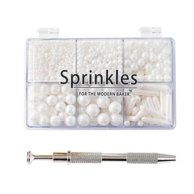 Kasvan White Mix Sugar Sprinkles - Edible Candy Pearls with 4-Claw Sprinkle Pen,118g/4.16 Oz, Gift Box Pack, Baking Cake Decorations, Ice Cream Toppings and Cookie Decorating, Wedding Party Chirstmas Supplies