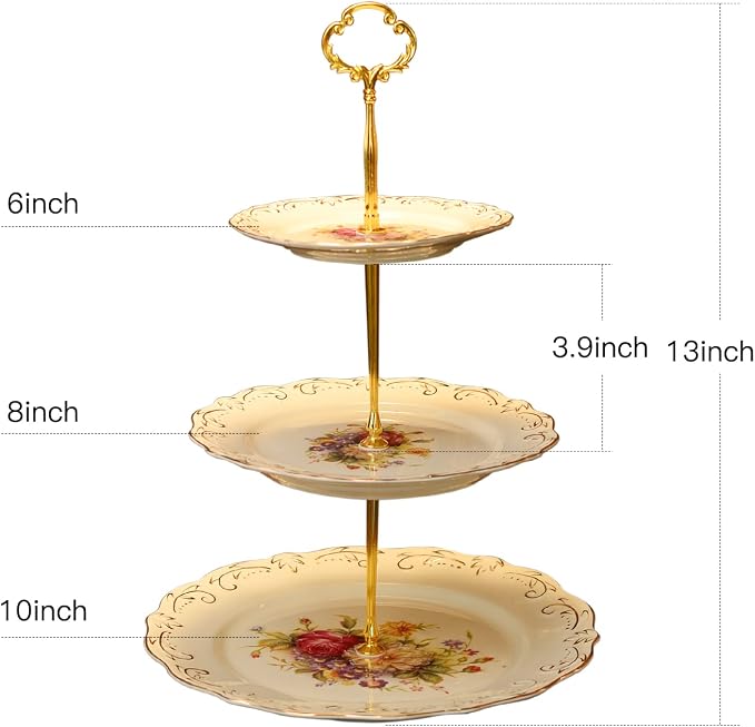 YOLIFE Flowering Shrubs 3 Tiered Cupcake Stand, Emboss Golden Leaves Edge Pastry Tower, 6-8-10 inch